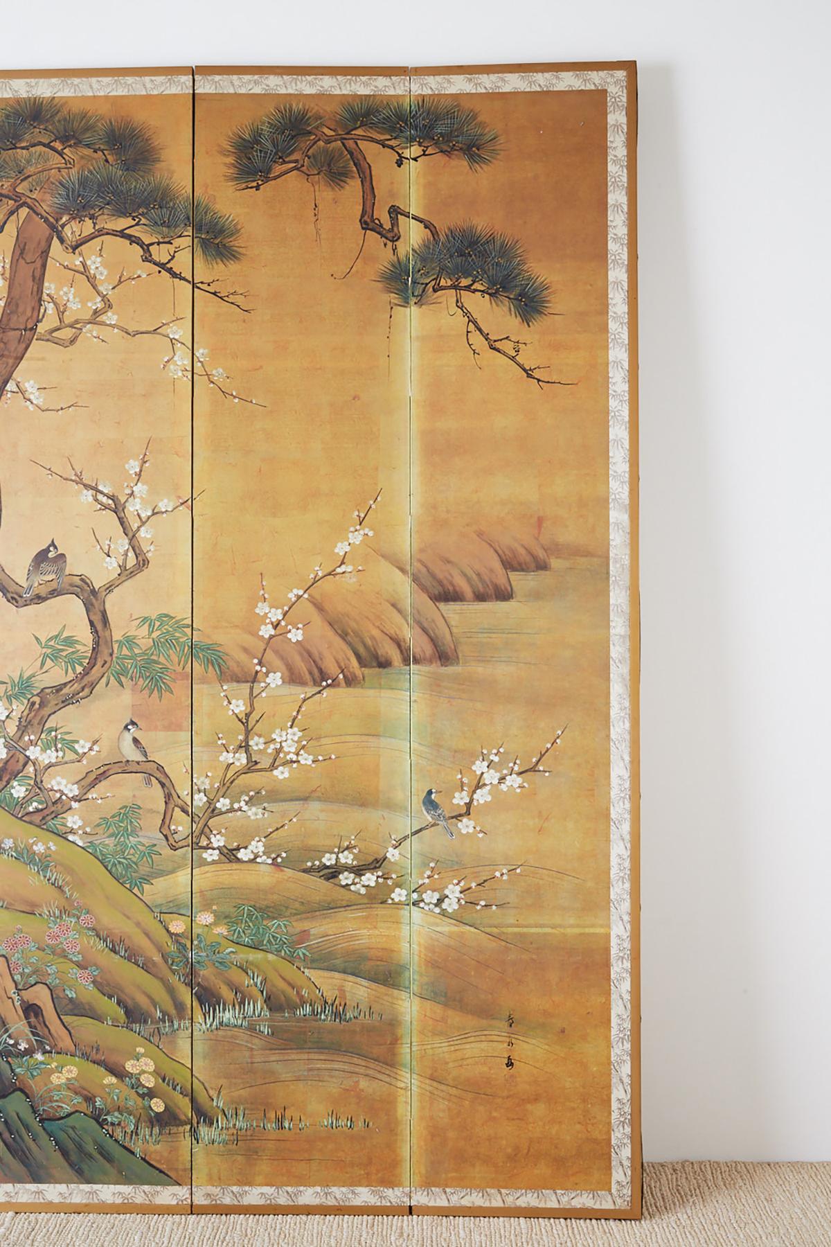 20th Century Japanese Edo Style Four-Panel Spring Landscape Screen