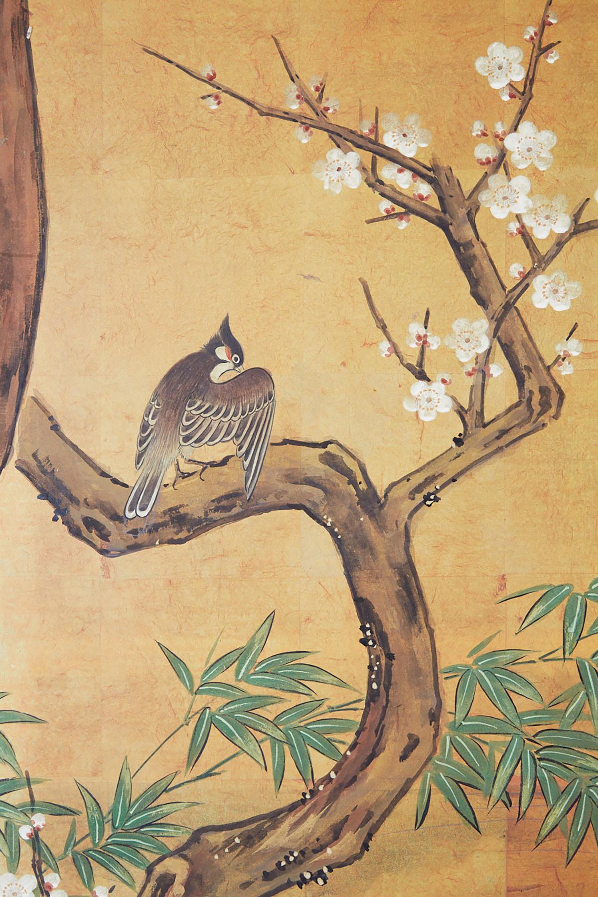 Brass Japanese Edo Style Four-Panel Spring Landscape Screen
