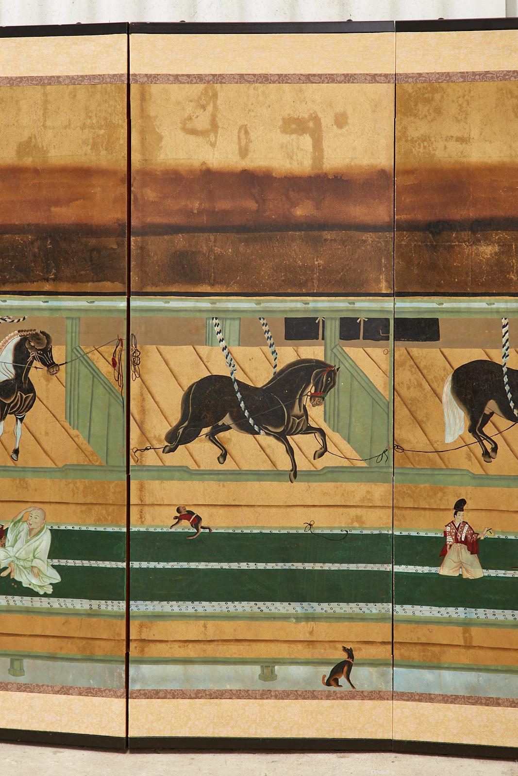 Japanese Edo Style Six Panel Screen Horses in Stable 1