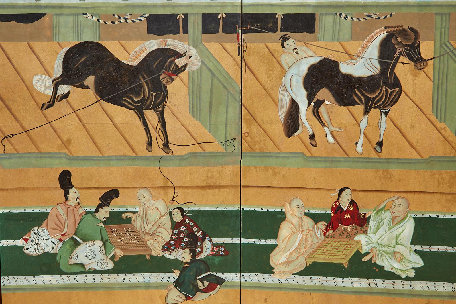 Japanese Edo Style Six Panel Screen Horses in Stable 2