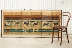 Japanese Edo Style Six Panel Screen Horses in Stable