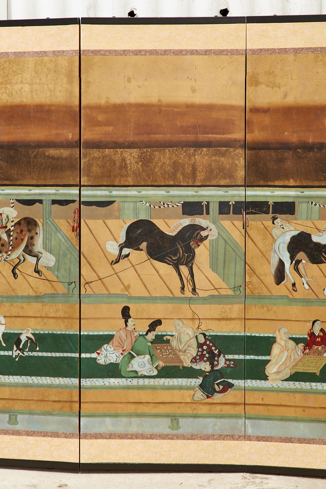 Lacquered Japanese Edo Style Six Panel Screen Horses in Stable