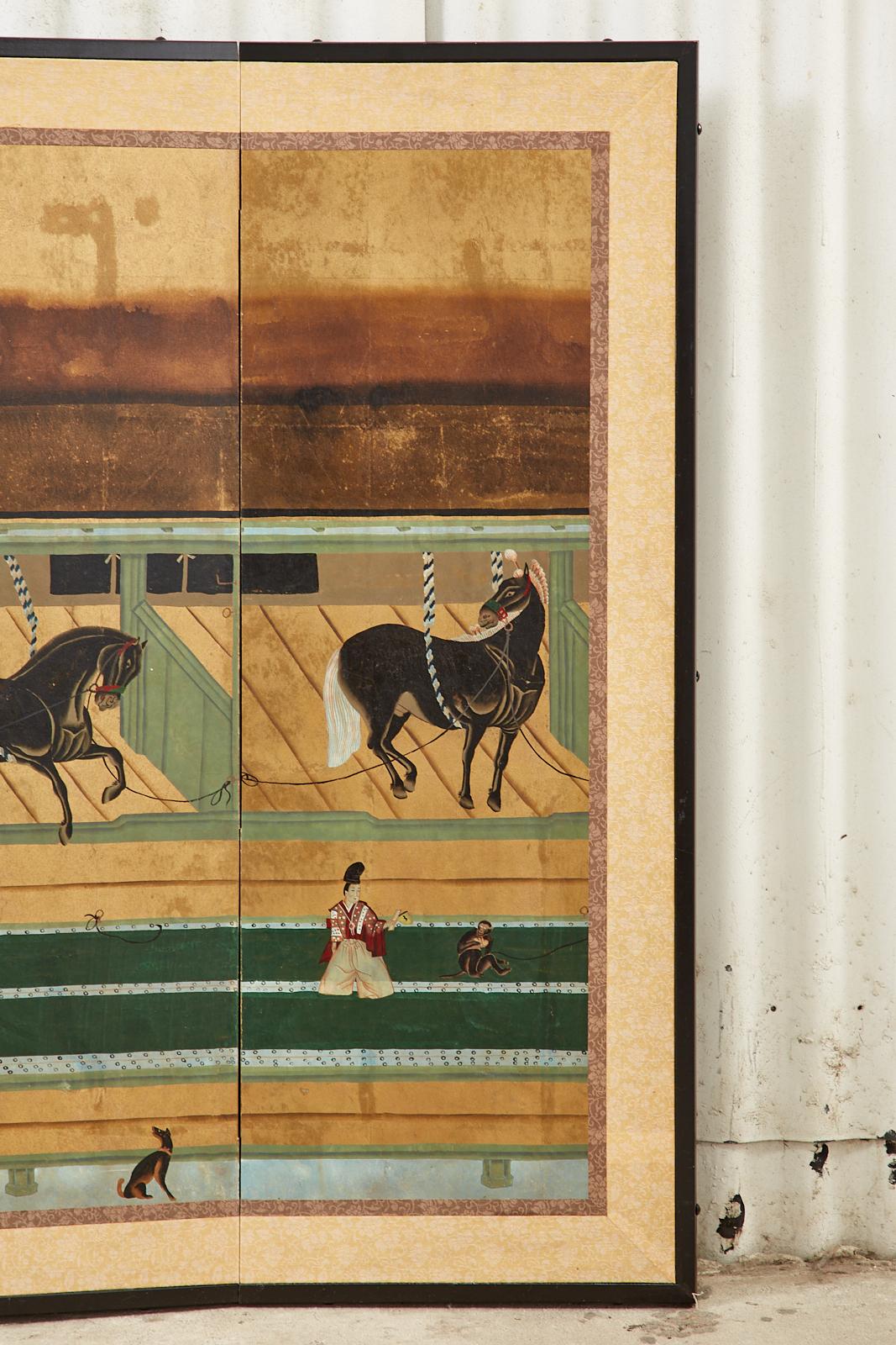 Japanese Edo Style Six Panel Screen Horses in Stable In Good Condition In Rio Vista, CA