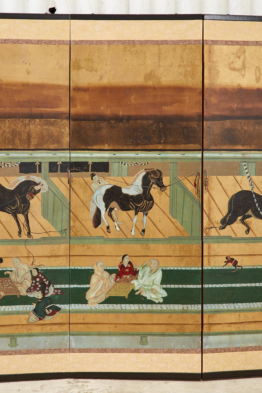 20th Century Japanese Edo Style Six Panel Screen Horses in Stable