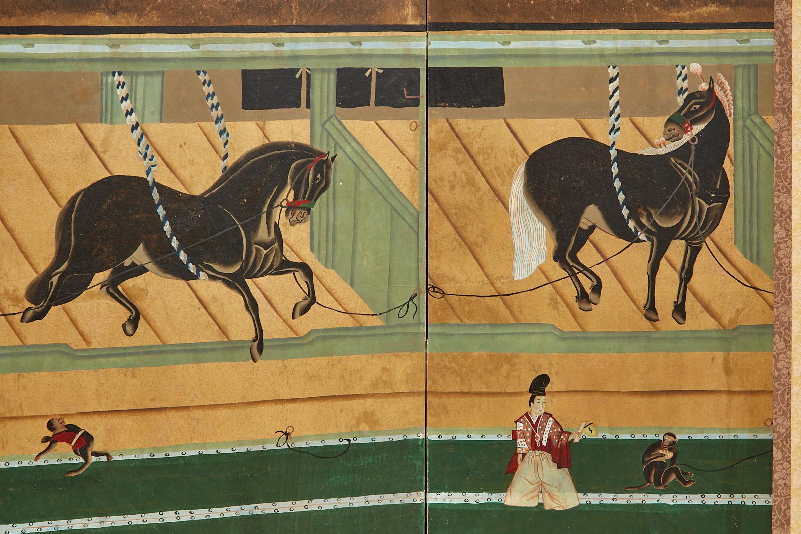 Silk Japanese Edo Style Six Panel Screen Horses in Stable