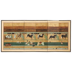 Japanese Edo Style Six Panel Screen Horses in Stable