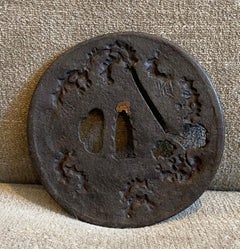 Japanese Edo Tenpo Tempo Antique Tsuba Sword Hand Guard with Dragon Design