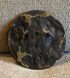 Japanese Edo Tenpo Tempo Antique Tsuba Sword Hand Guard with Kanji Inlay Stamps