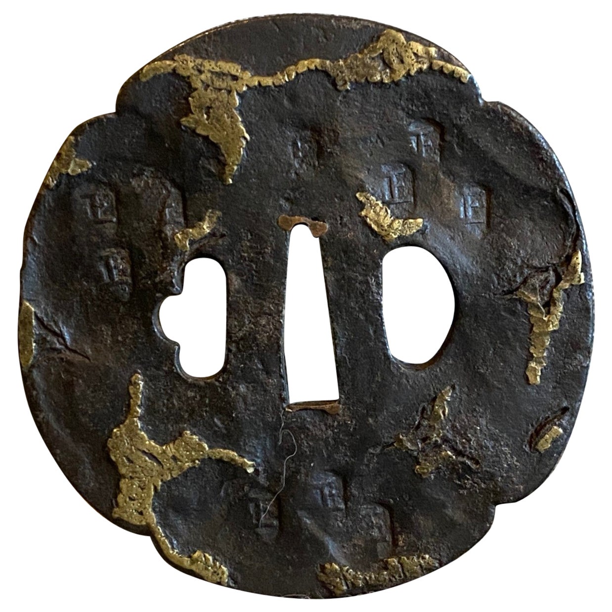 Japanese Edo Tenpo Tempo Antique Tsuba Sword Hand Guard with Kanji Inlay Stamps