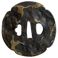 Japanese Edo Tenpo Tempo Antique Tsuba Sword Hand Guard with Kanji Inlay Stamps