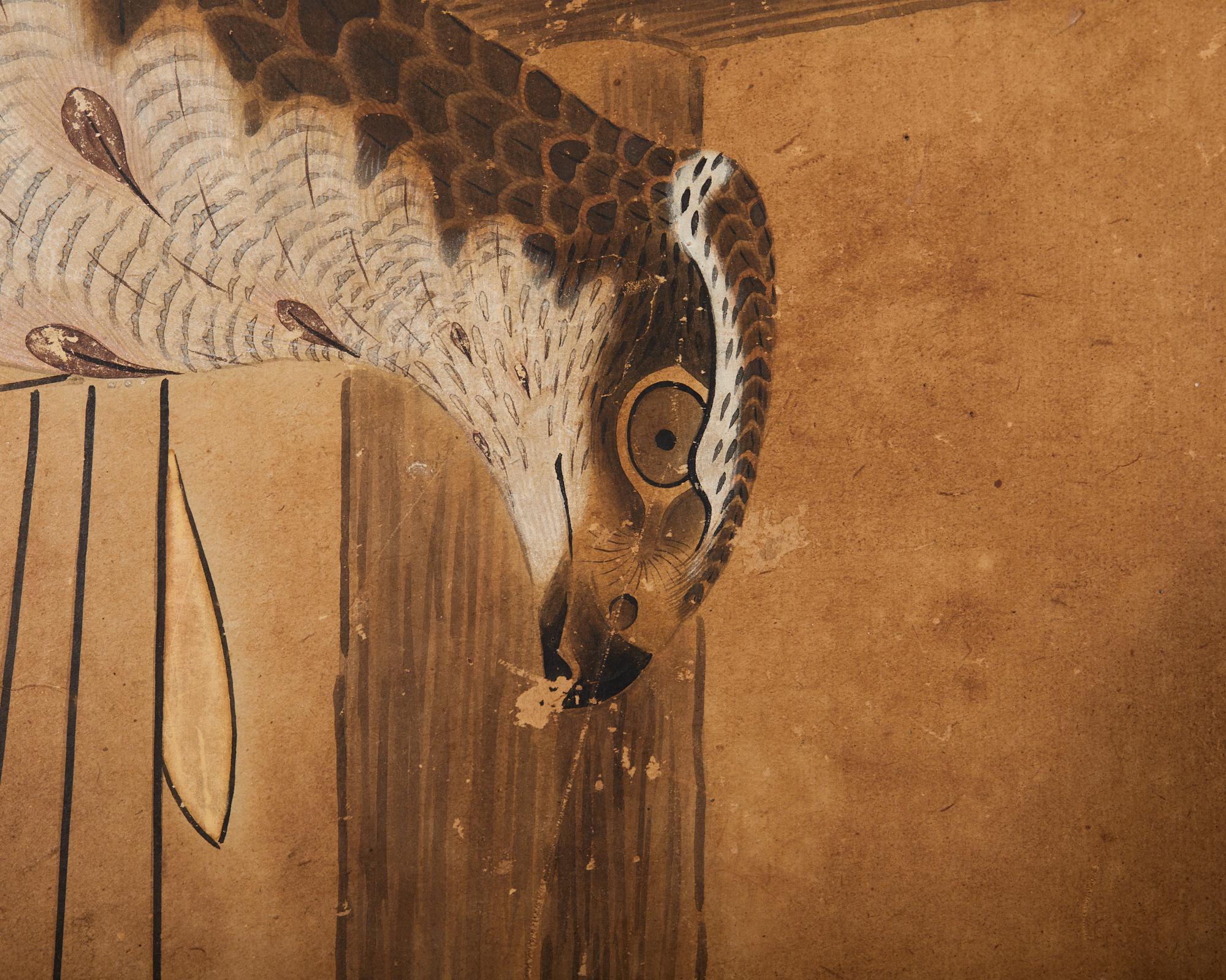 Japanese Edo Two Panel Screen Birds of Prey Hawks For Sale 9