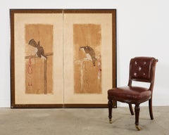 Japanese Edo Two Panel Screen Birds of Prey Hawks