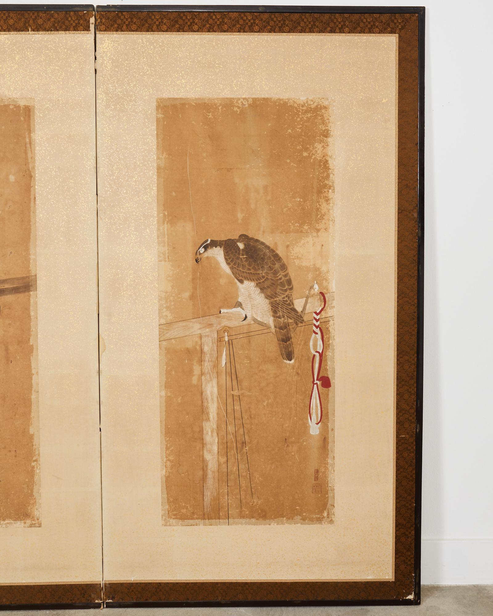 Hand-Crafted Japanese Edo Two Panel Screen Birds of Prey Hawks For Sale