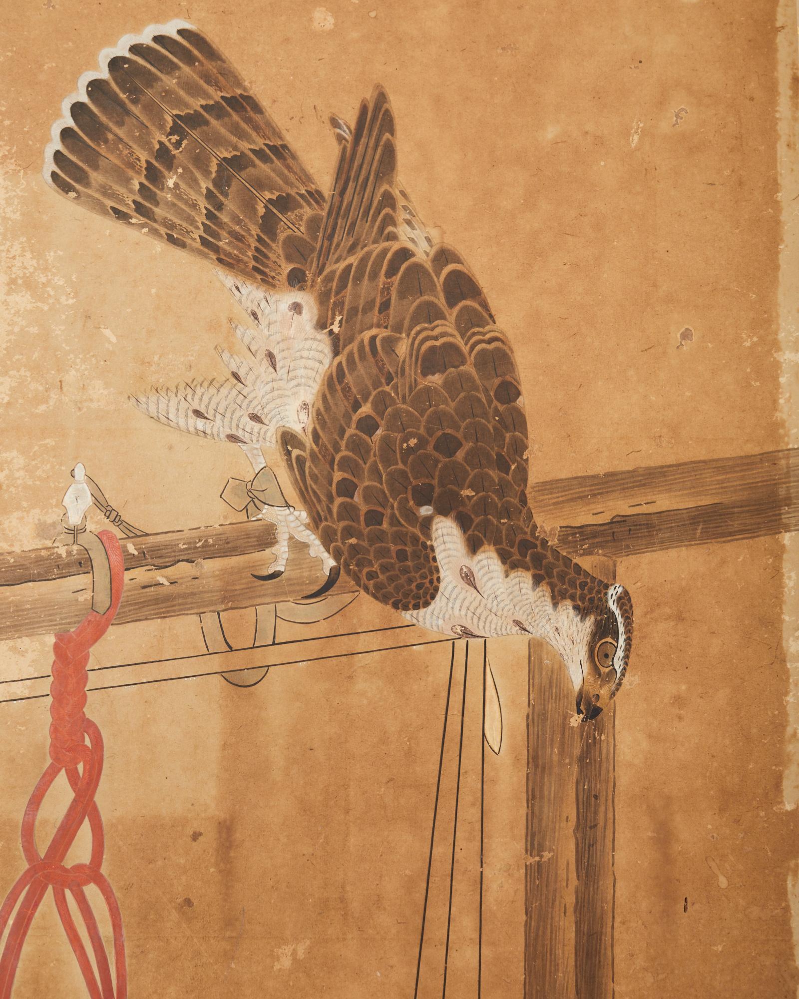 Japanese Edo Two Panel Screen Birds of Prey Hawks In Distressed Condition For Sale In Rio Vista, CA