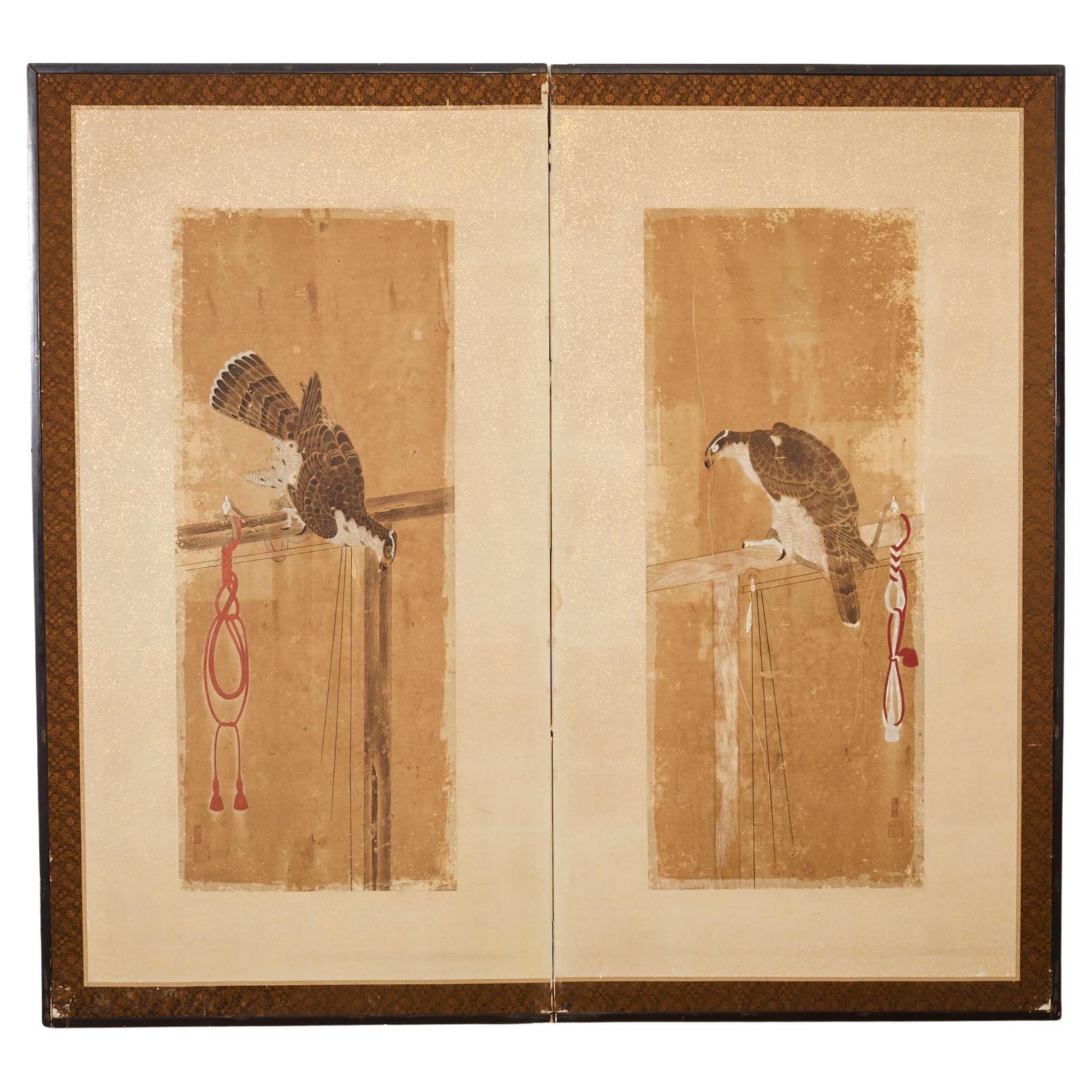 Japanese Edo Two Panel Screen Birds of Prey Hawks For Sale