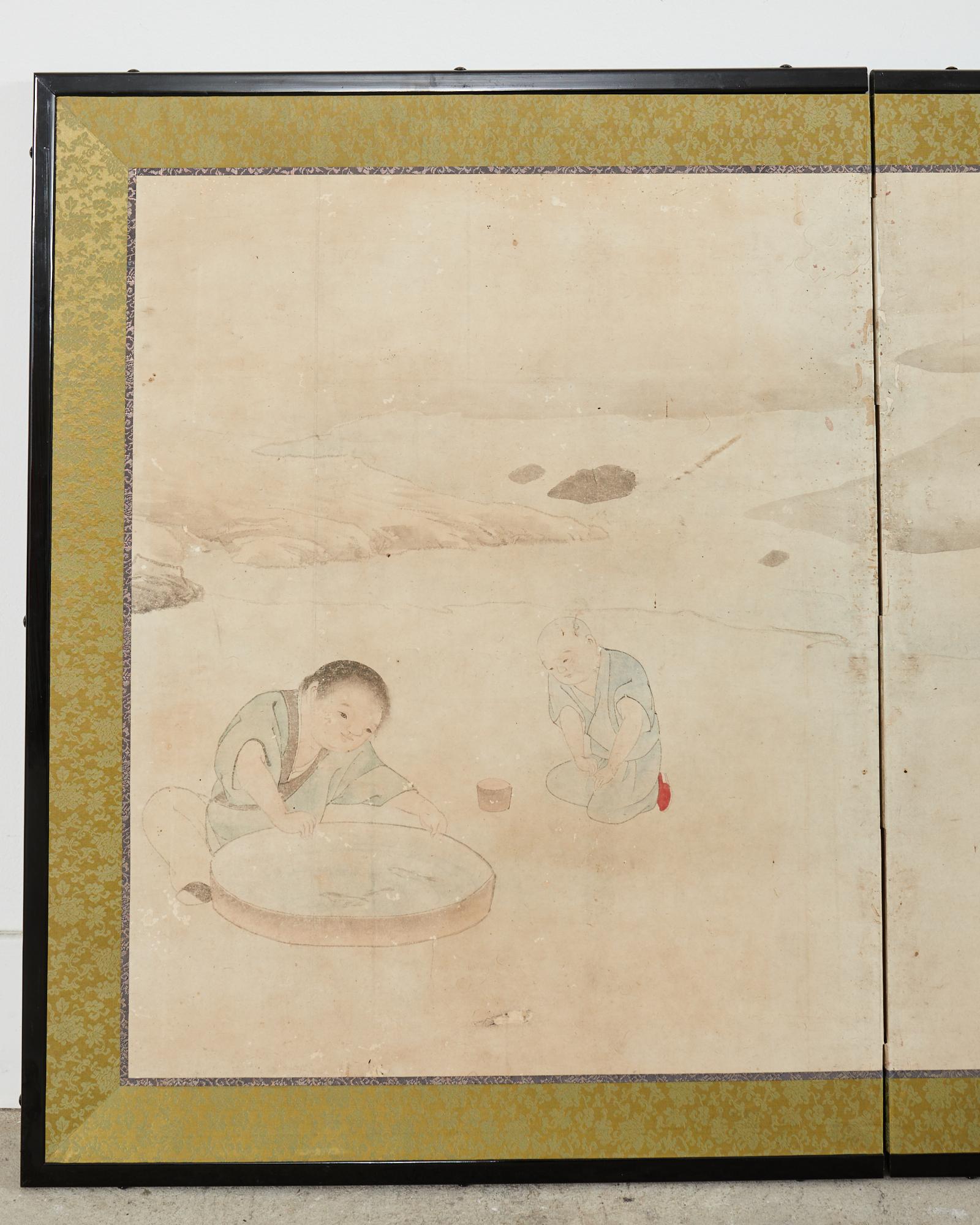 Hand-Crafted Japanese Edo Two Panel Screen Children Playing Catching Fish For Sale