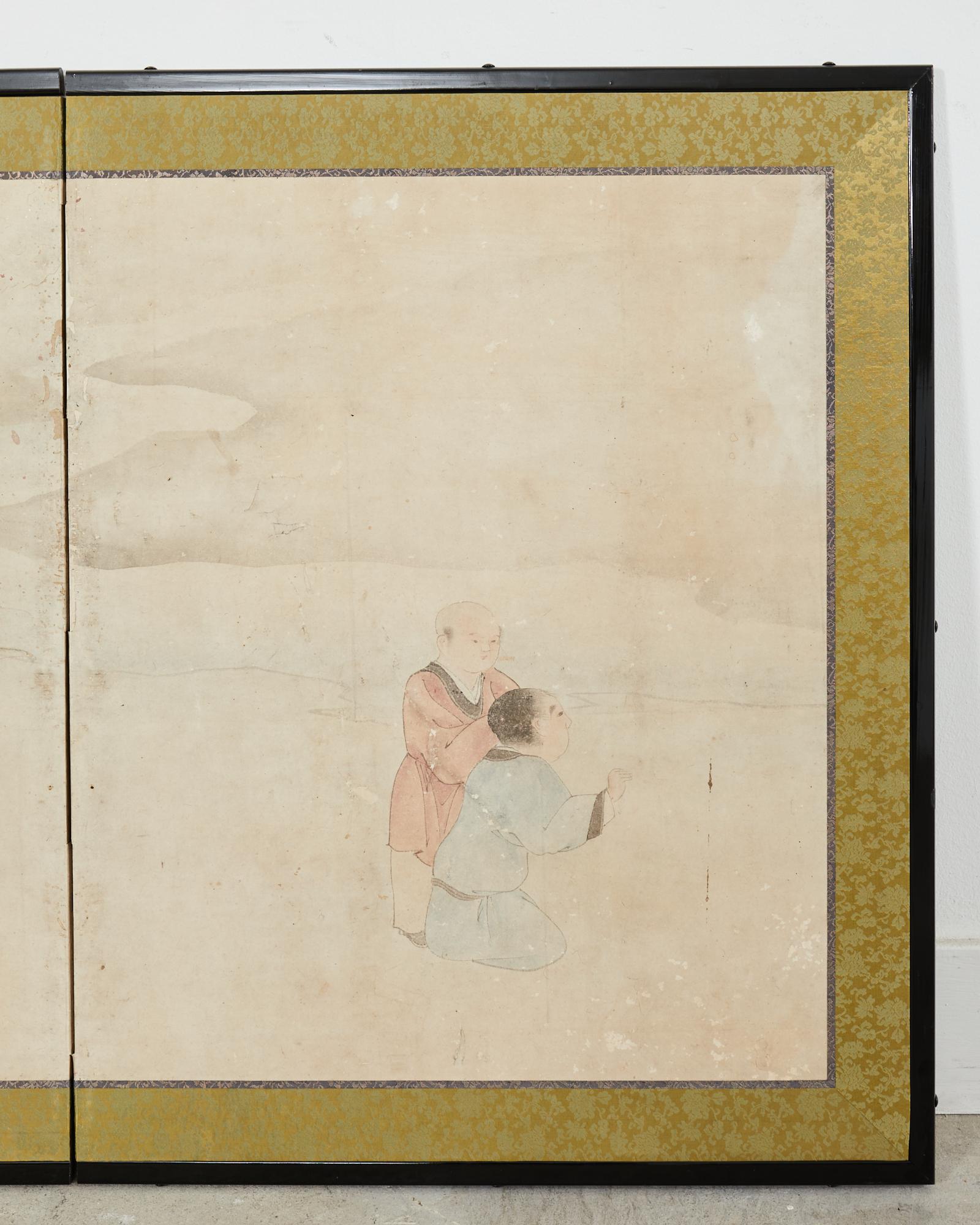 Japanese Edo Two Panel Screen Children Playing Catching Fish In Distressed Condition For Sale In Rio Vista, CA