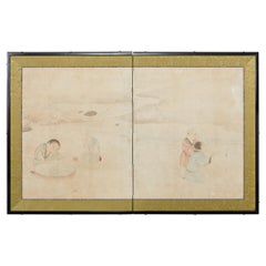 Japanese Edo Two Panel Screen Children Playing Catching Fish