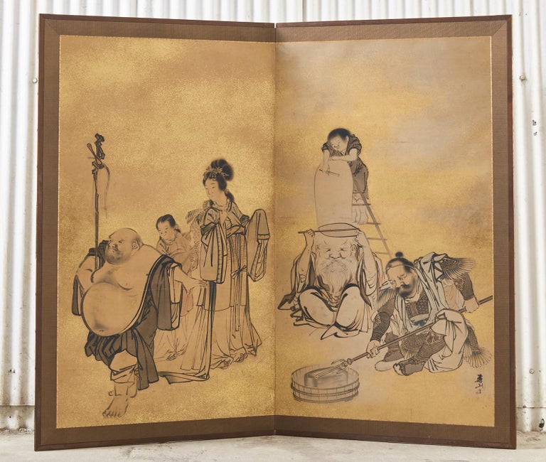 Etched Japanese Edo Two Panel Screen Deities by Yokoyama Kazan For Sale