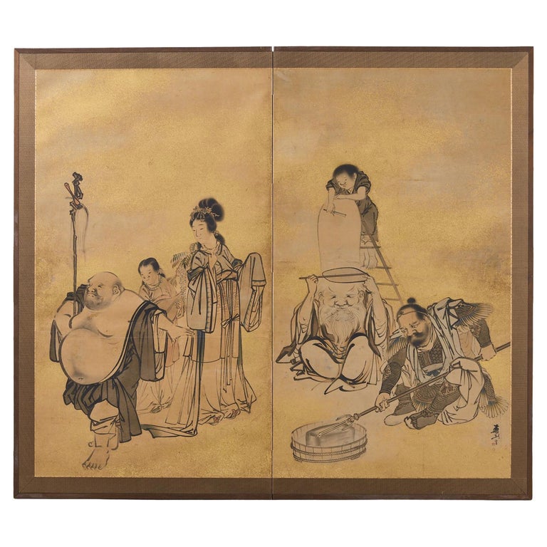 Japanese Edo Two Panel Screen Deities by Yokoyama Kazan For Sale