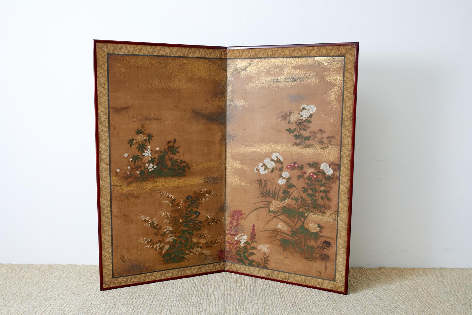 Japanese Edo Two-Panel Screen Flowers of Autumn For Sale 9