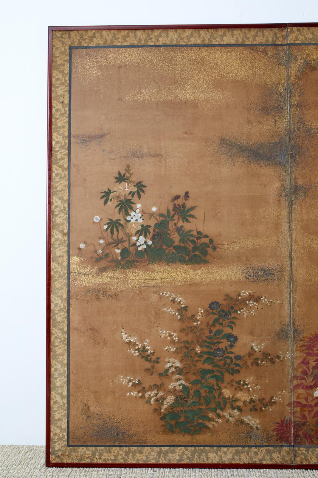 Japanese Edo Two-Panel Screen Flowers of Autumn In Fair Condition For Sale In Rio Vista, CA