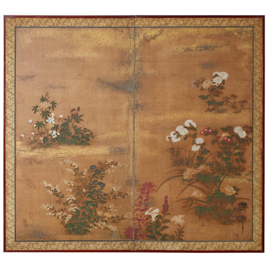 Japanese Edo Two-Panel Screen Flowers of Autumn For Sale