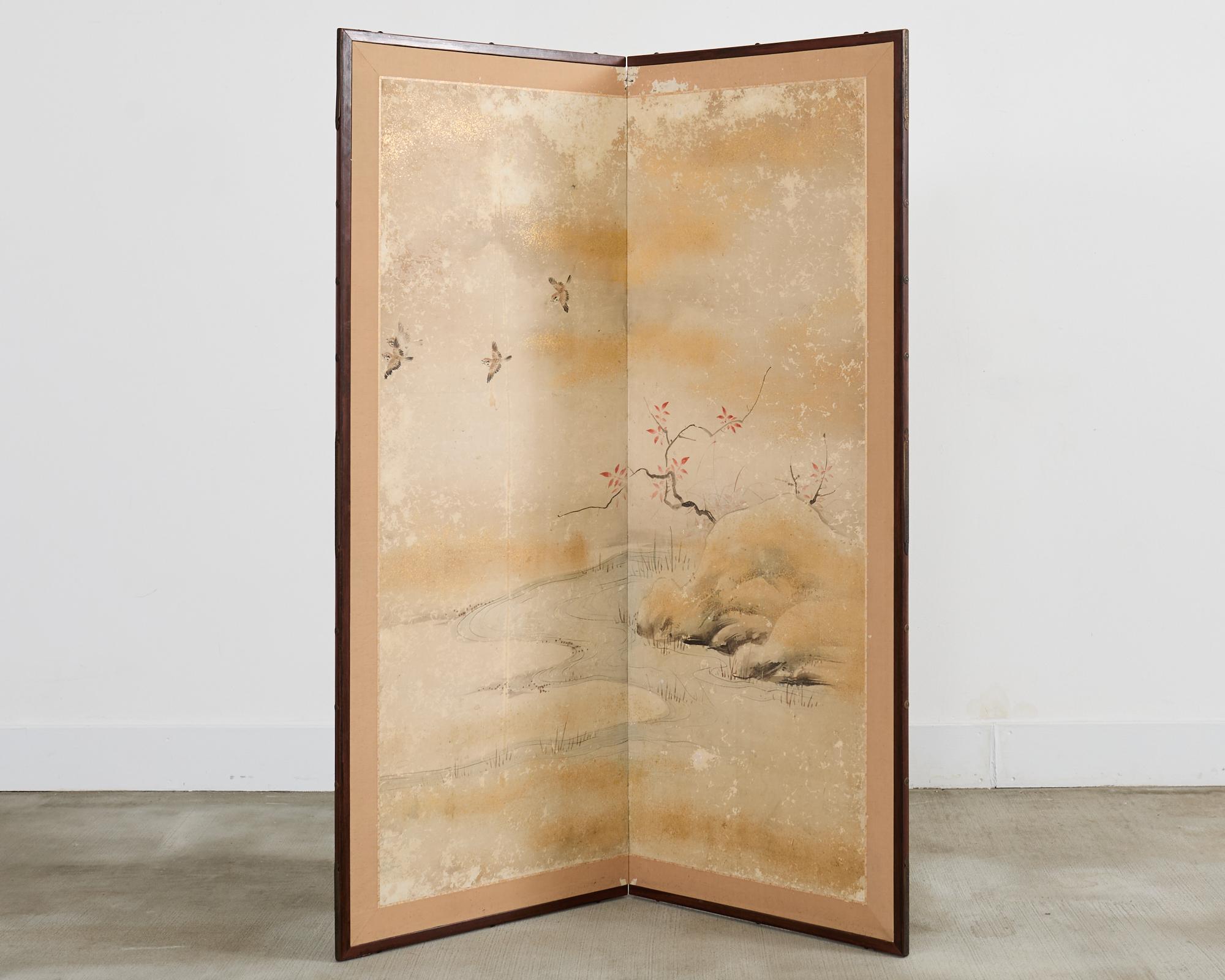 Paravent japonais Edo à deux panneaux Ruisseau méandreux avec oiseaux en vente 3