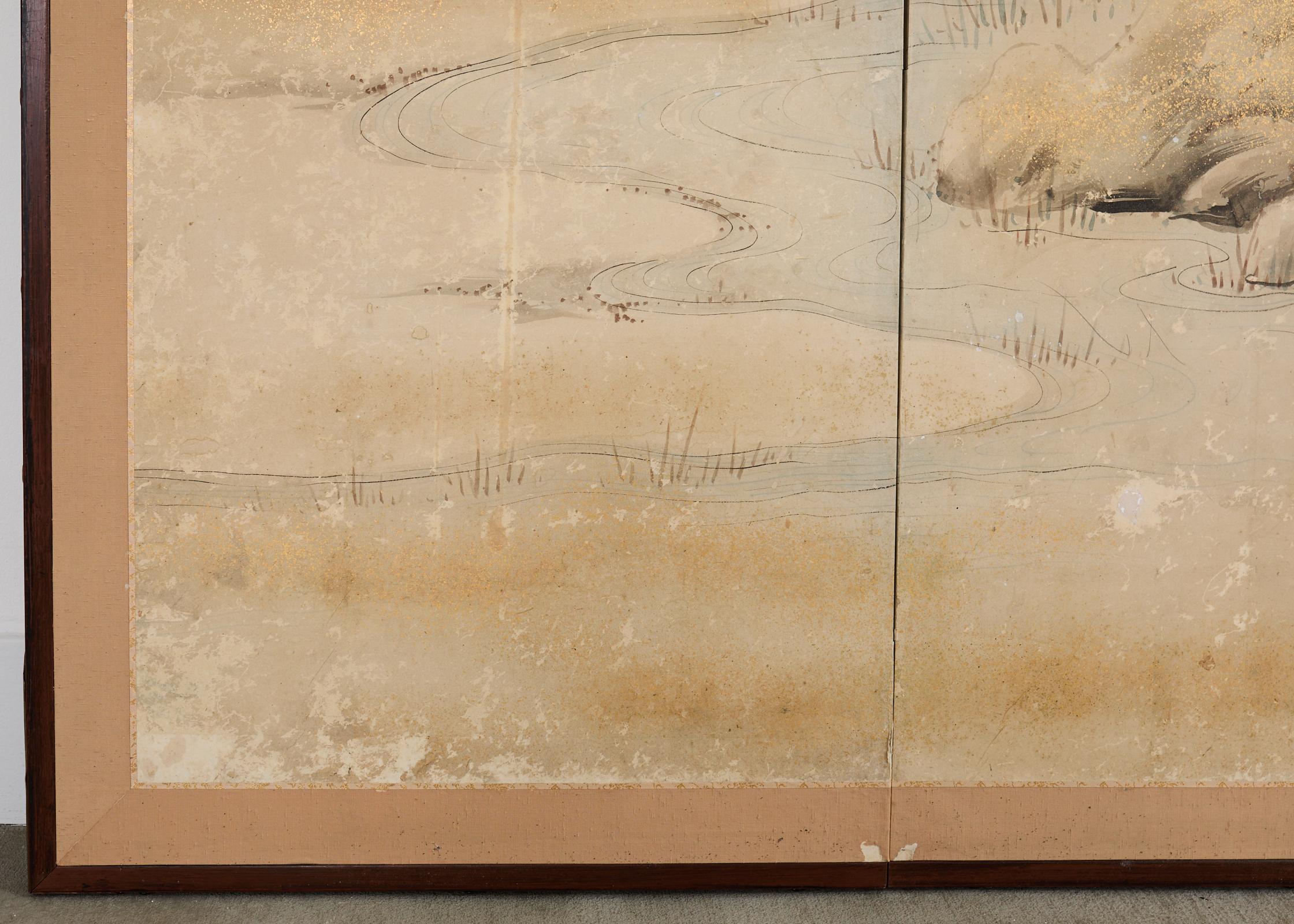 Paravent japonais Edo à deux panneaux Ruisseau méandreux avec oiseaux en vente 4