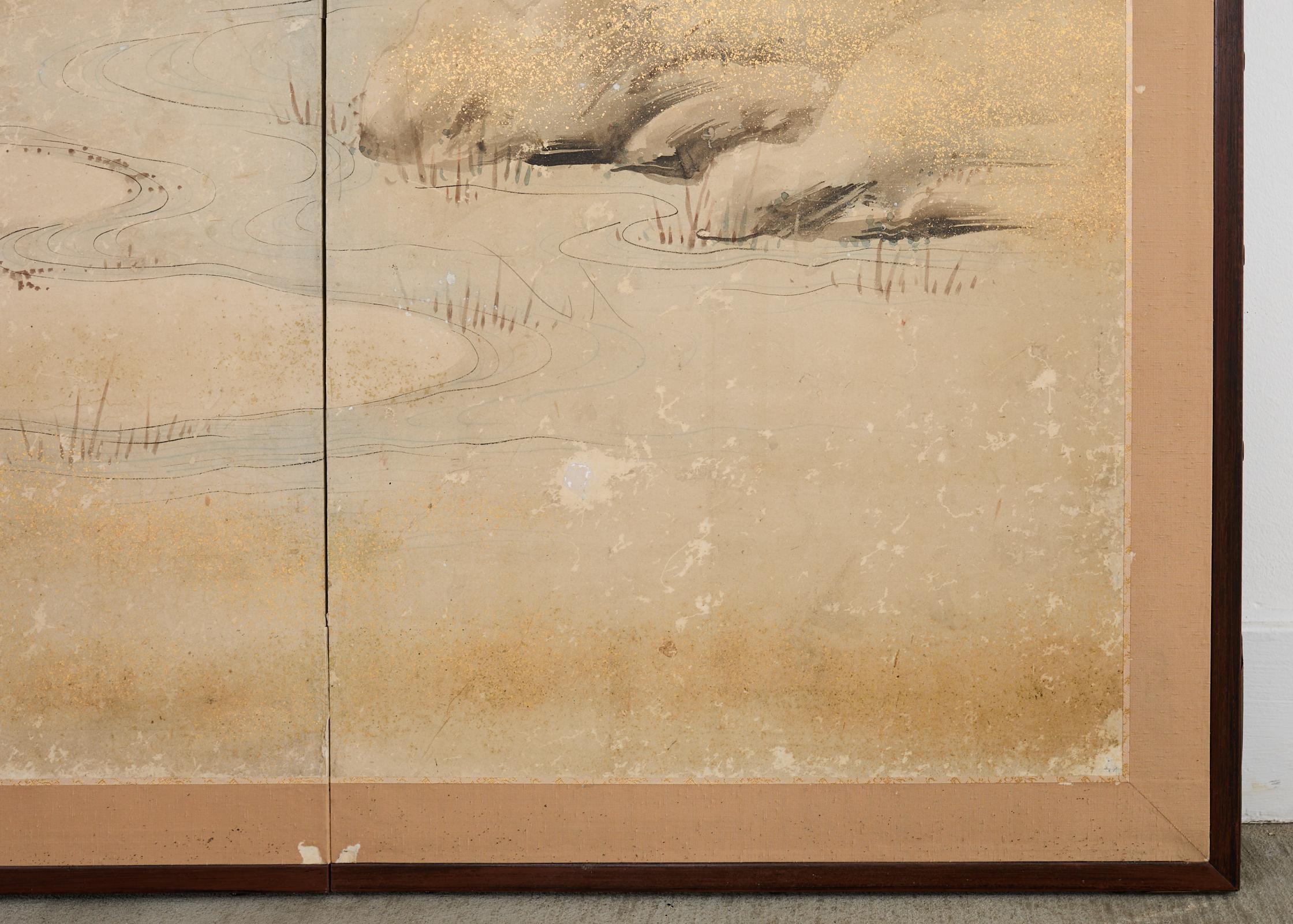 Paravent japonais Edo à deux panneaux Ruisseau méandreux avec oiseaux en vente 5
