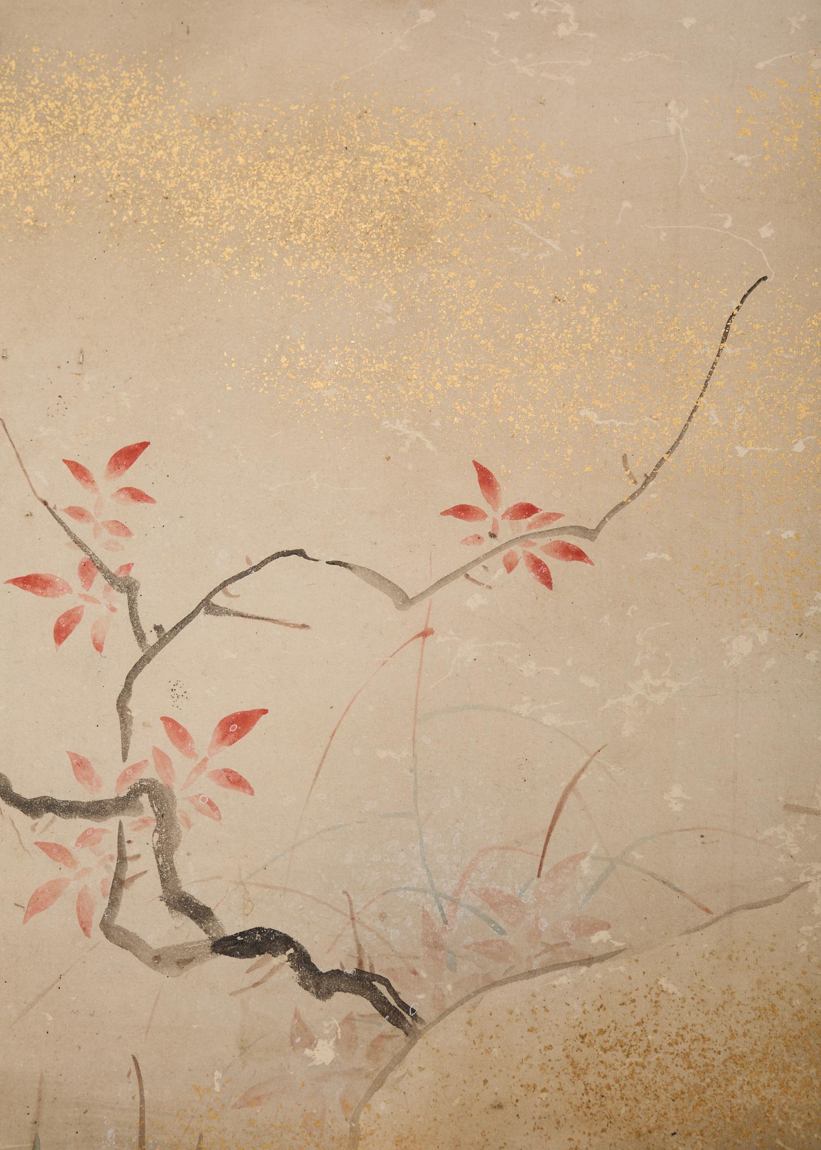 Paravent japonais Edo à deux panneaux Ruisseau méandreux avec oiseaux en vente 6