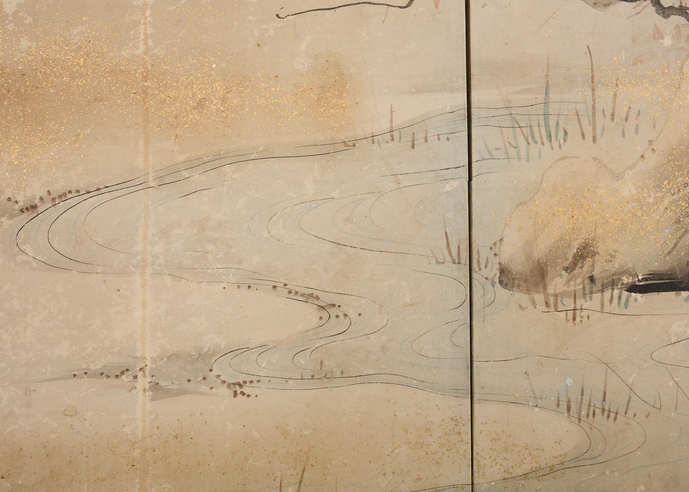 Paravent japonais Edo à deux panneaux Ruisseau méandreux avec oiseaux en vente 8