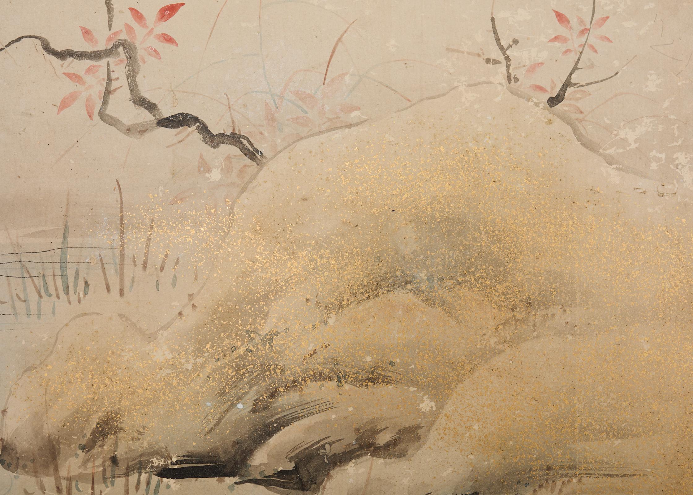 Paravent japonais Edo à deux panneaux Ruisseau méandreux avec oiseaux en vente 10