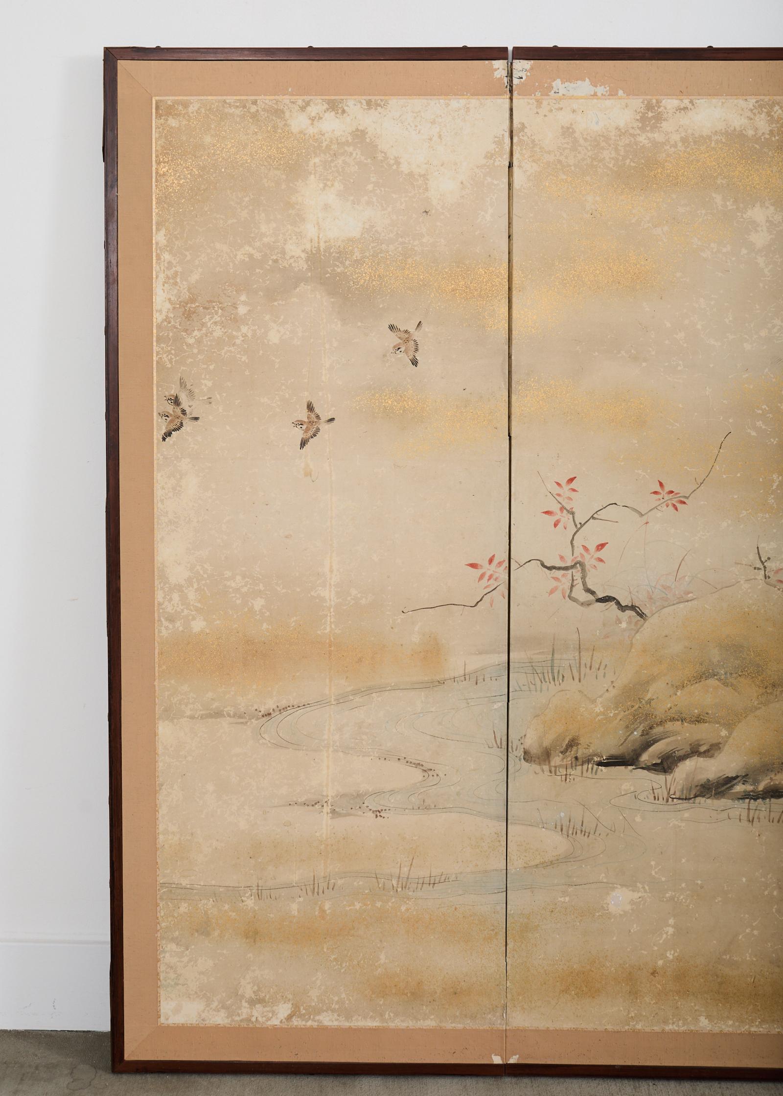 Japonais Paravent japonais Edo à deux panneaux Ruisseau méandreux avec oiseaux en vente