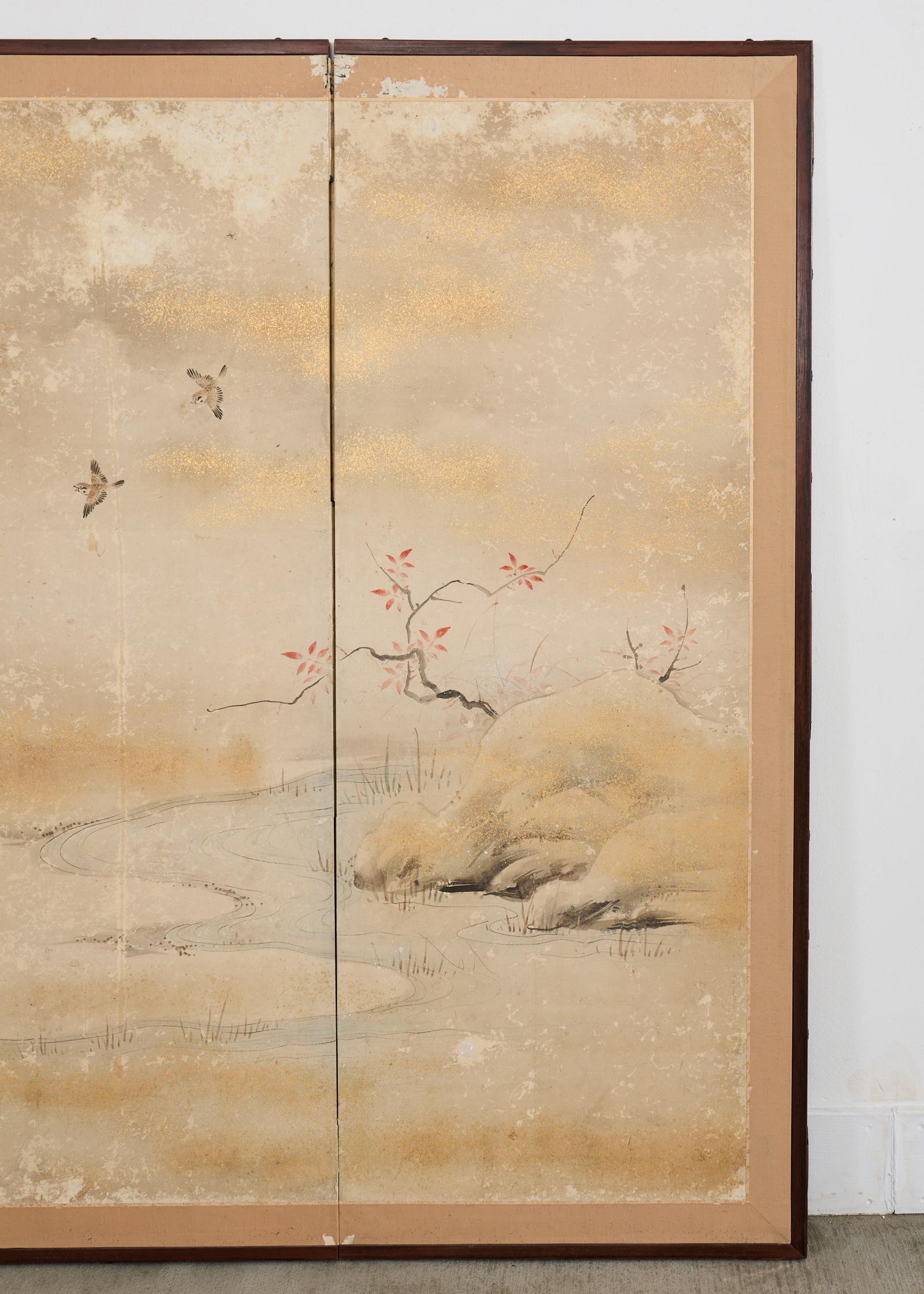 Fait main Paravent japonais Edo à deux panneaux Ruisseau méandreux avec oiseaux en vente