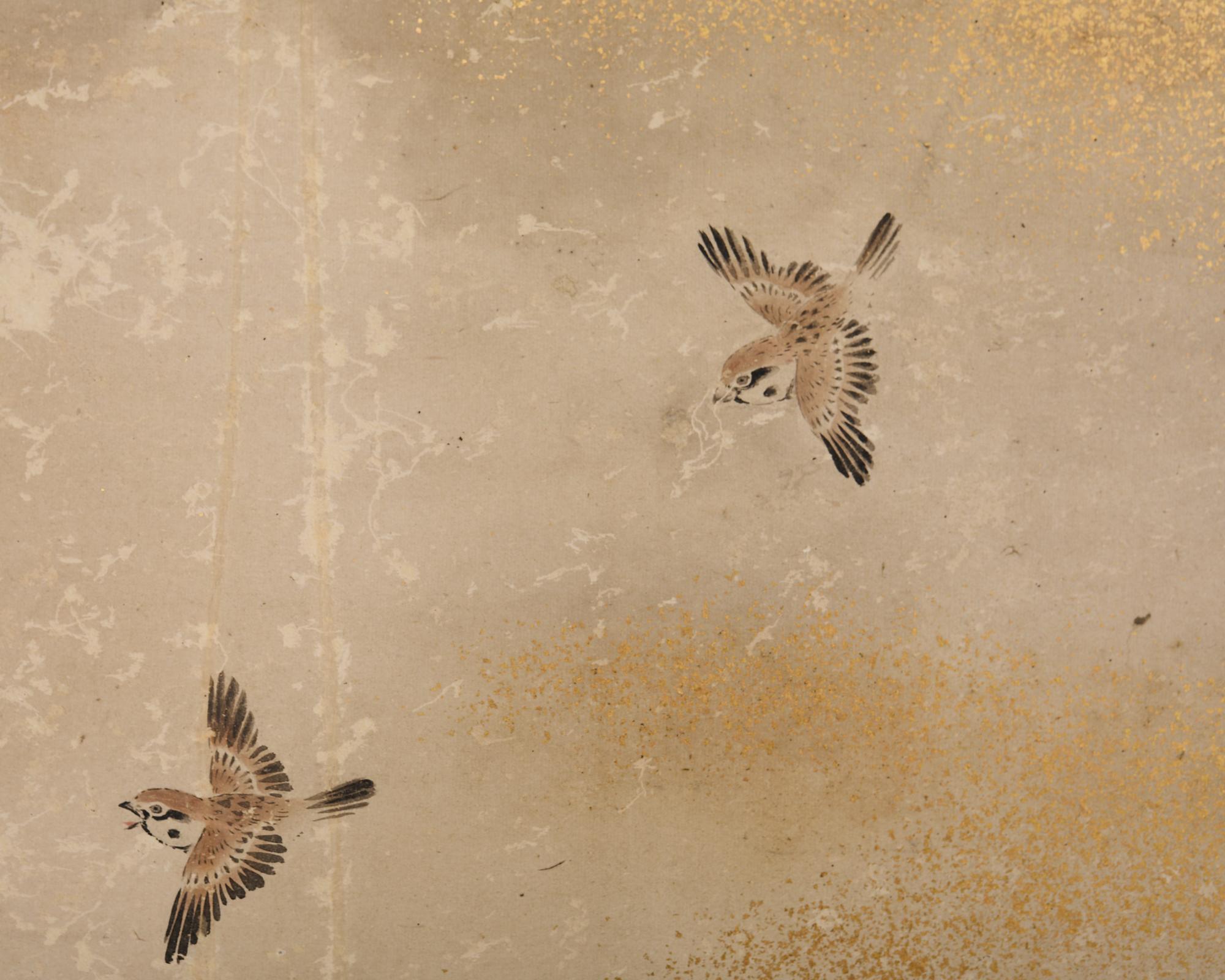 XVIIIe siècle et antérieur Paravent japonais Edo à deux panneaux Ruisseau méandreux avec oiseaux en vente