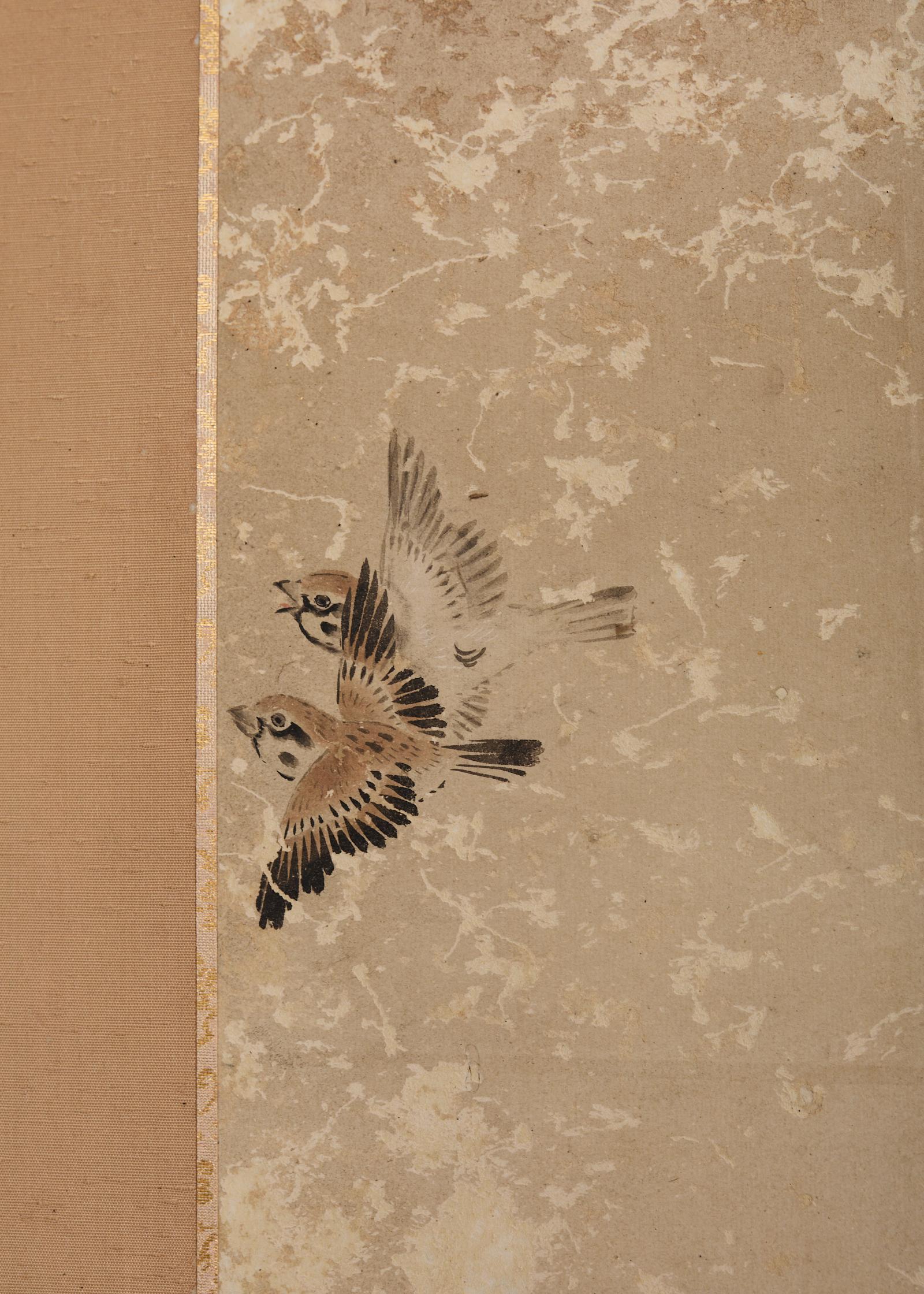 Paravent japonais Edo à deux panneaux Ruisseau méandreux avec oiseaux en vente 1