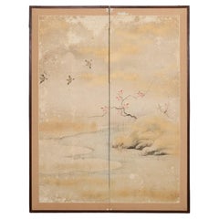 Paravent japonais Edo à deux panneaux Ruisseau méandreux avec oiseaux