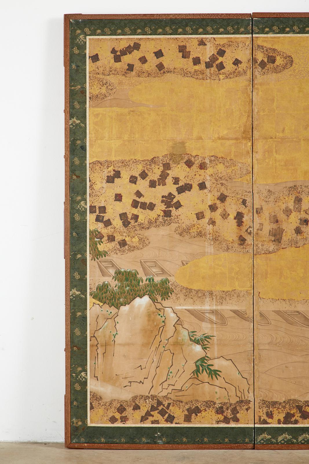 Japanese Edo Two-Panel Screen Small Boats on Riverbank In Good Condition In Rio Vista, CA