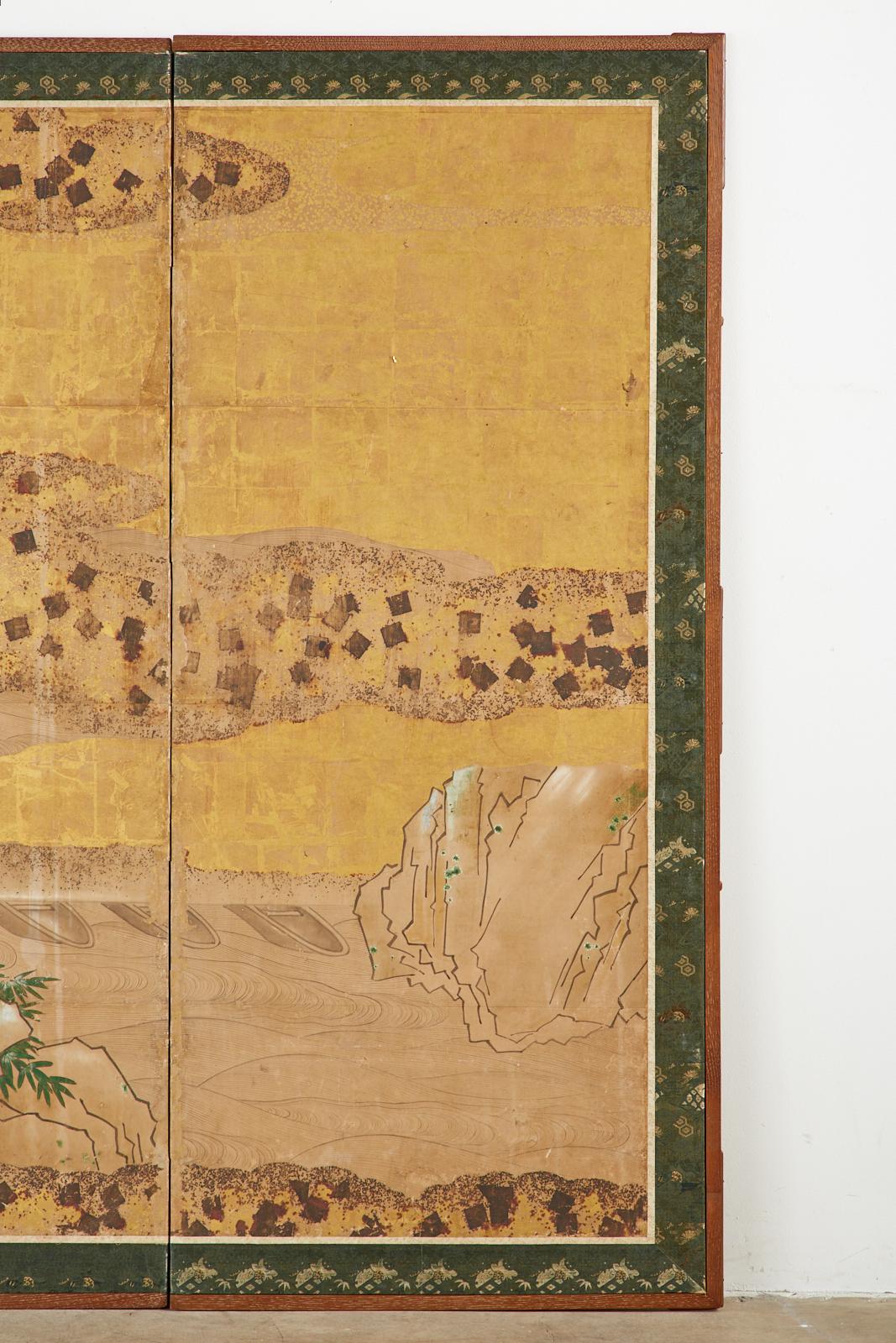 19th Century Japanese Edo Two-Panel Screen Small Boats on Riverbank