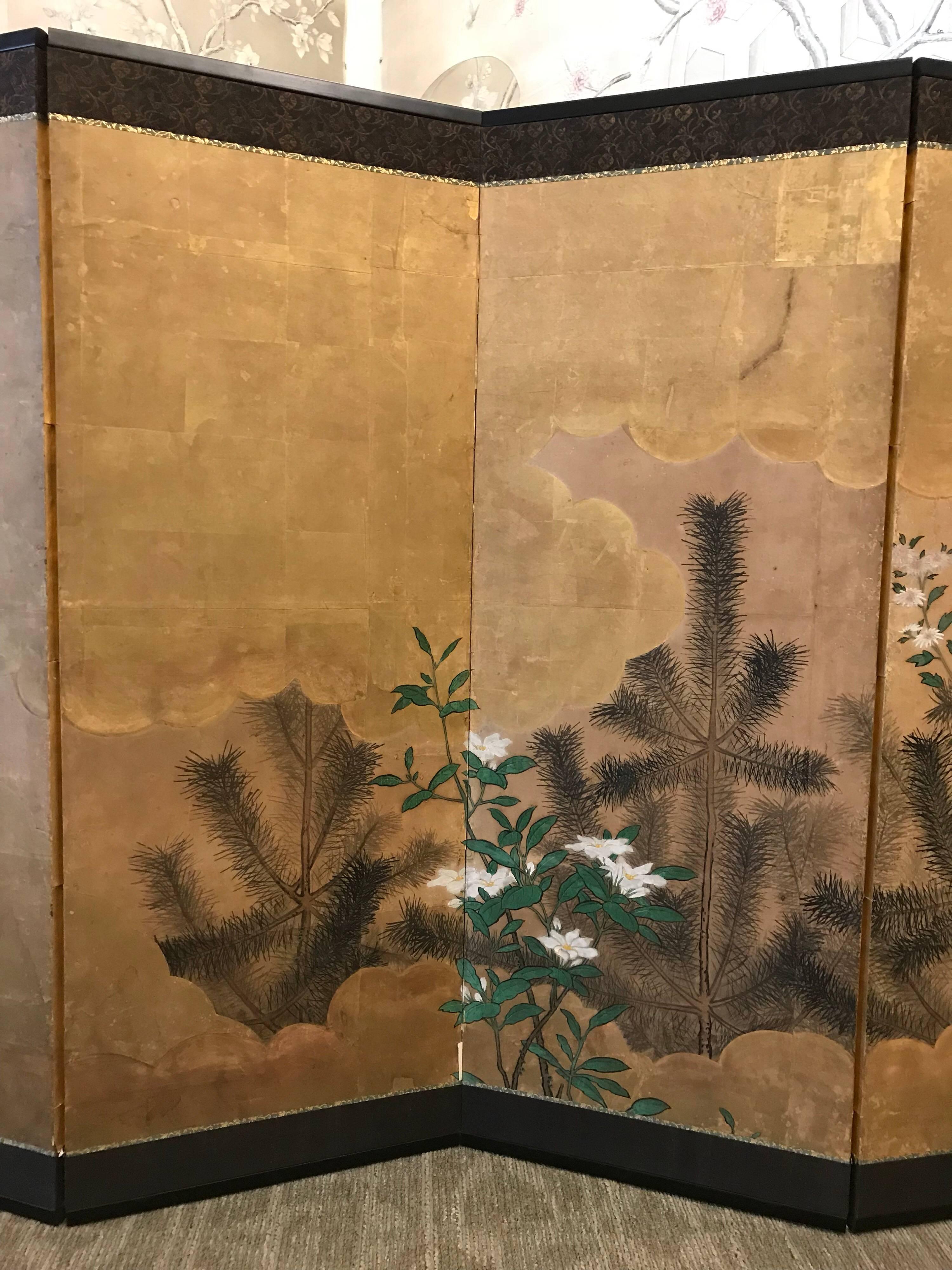 Hand-Painted Japanese Eight Fold Screen with Bamboo For Sale