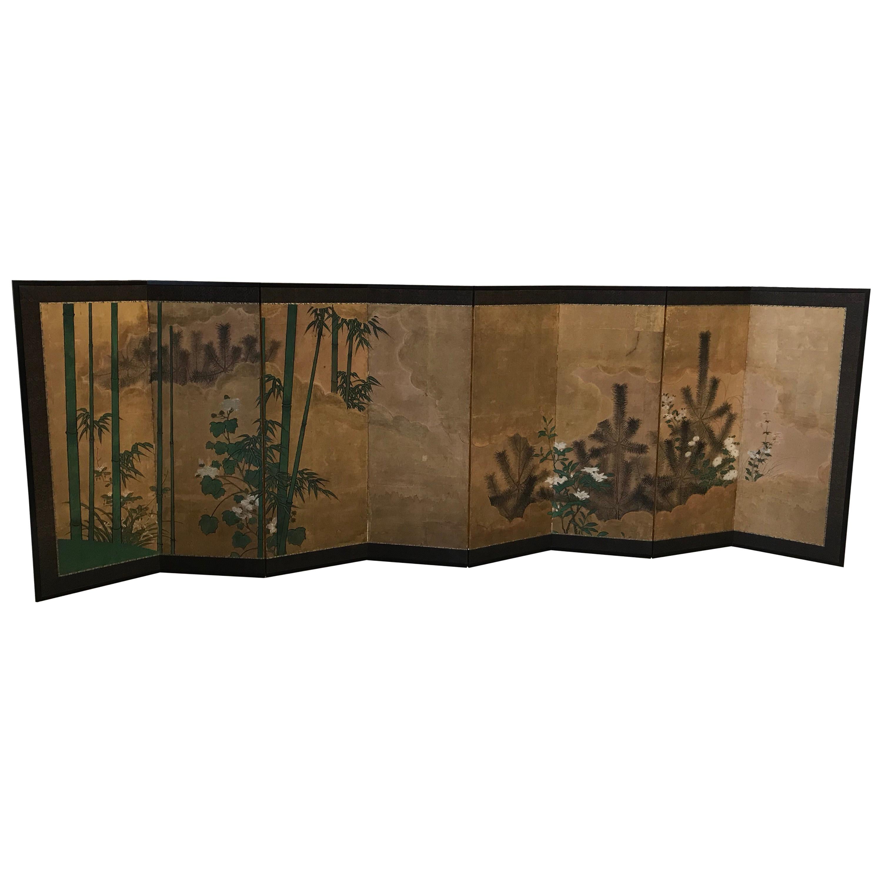 Japanese Eight Fold Screen with Bamboo For Sale
