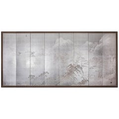 Japanese Eight Panel Screen: Modern Chinese School Coastal Mountain Landscape