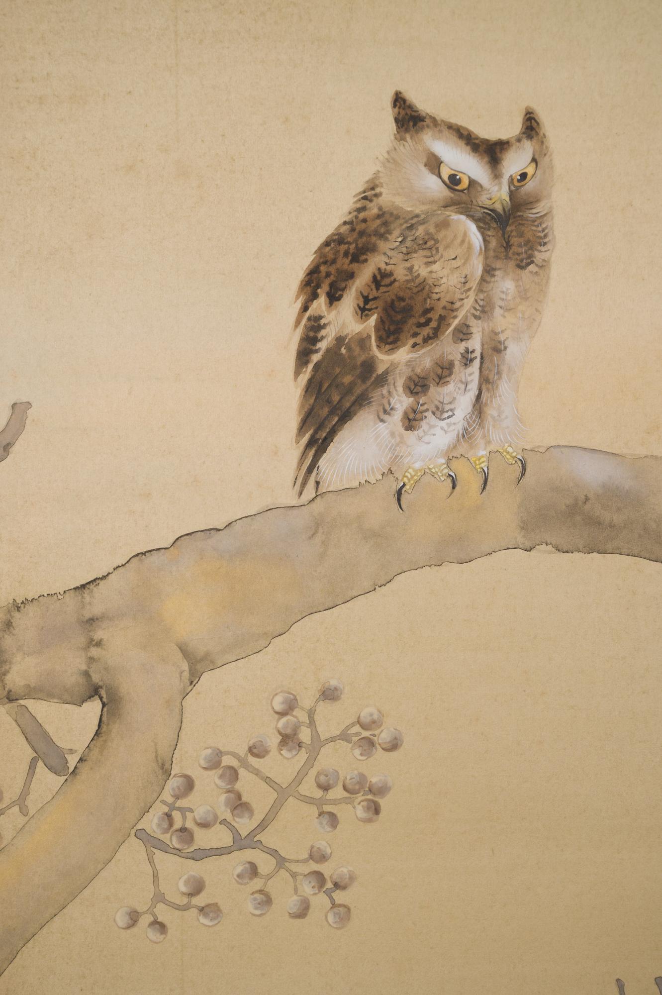 19th Century Japanese Eight Panel Screen Owl in a Moonlit Landscape For Sale