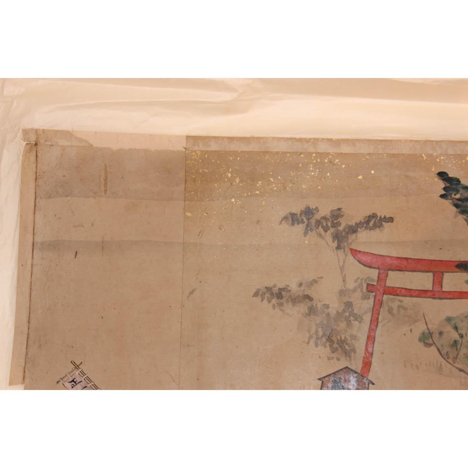 One in a series of hand painted scroll paintings recording a local harvest festival. This scroll panel depicts a traditional orange gate near the shrine where a priest is entering and carrying a horse ema (wooden plaque with written prayers), a