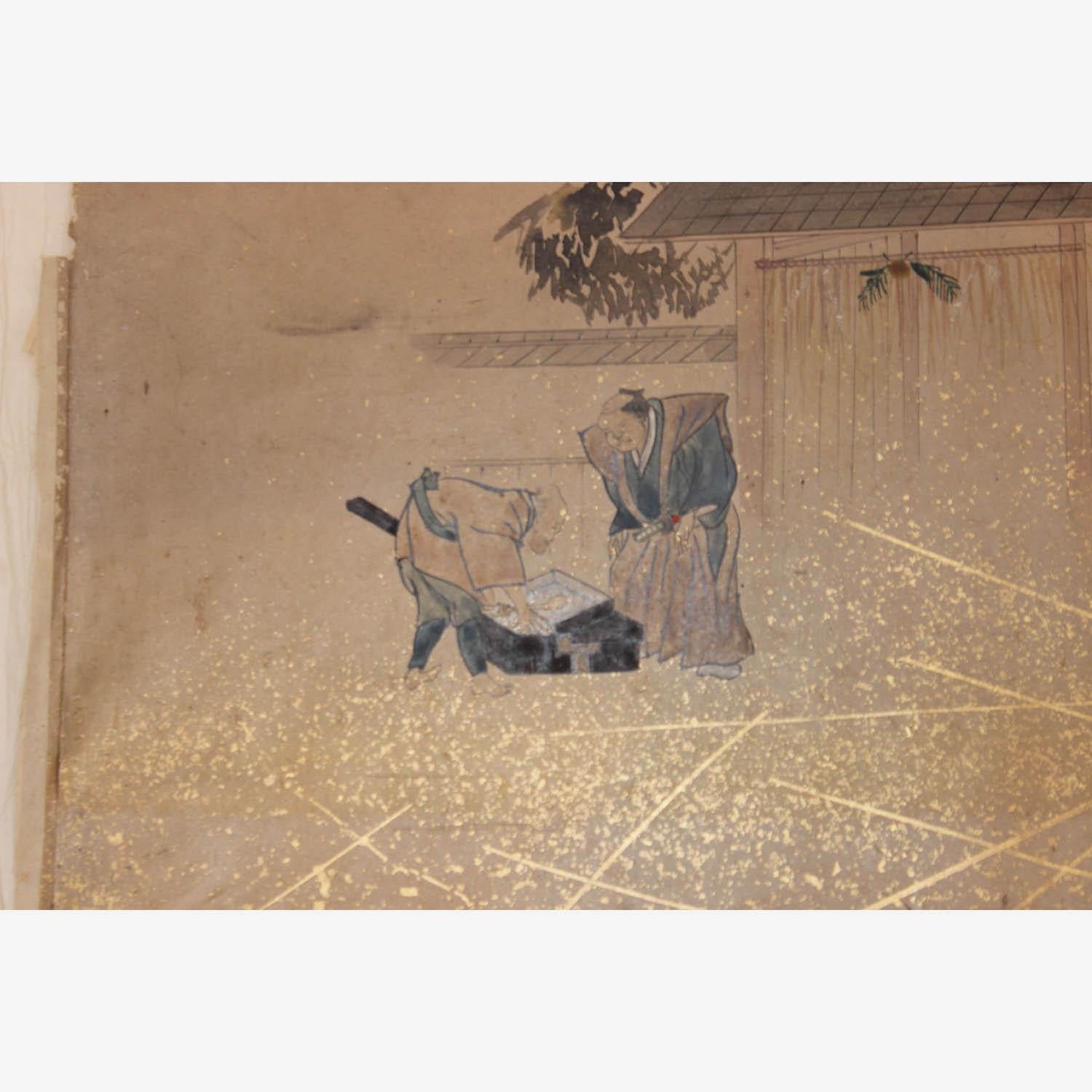 One in a series of hand painted scroll paintings recording a local harvest festival. This scroll panel depicts wealthy man wearing a formal kimono in front of his house, greeting a merchant displaying a box of ginkgo nuts to sell. Edo period. The