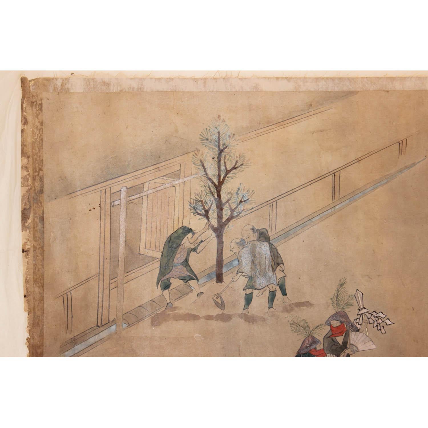 One in a series of hand painted scroll paintings recording a local harvest festival. This scroll panel depicts temple workers planting trees and others are bringing food for the harvest festivities. Edo period. The painted panel measures 14 x 22. 