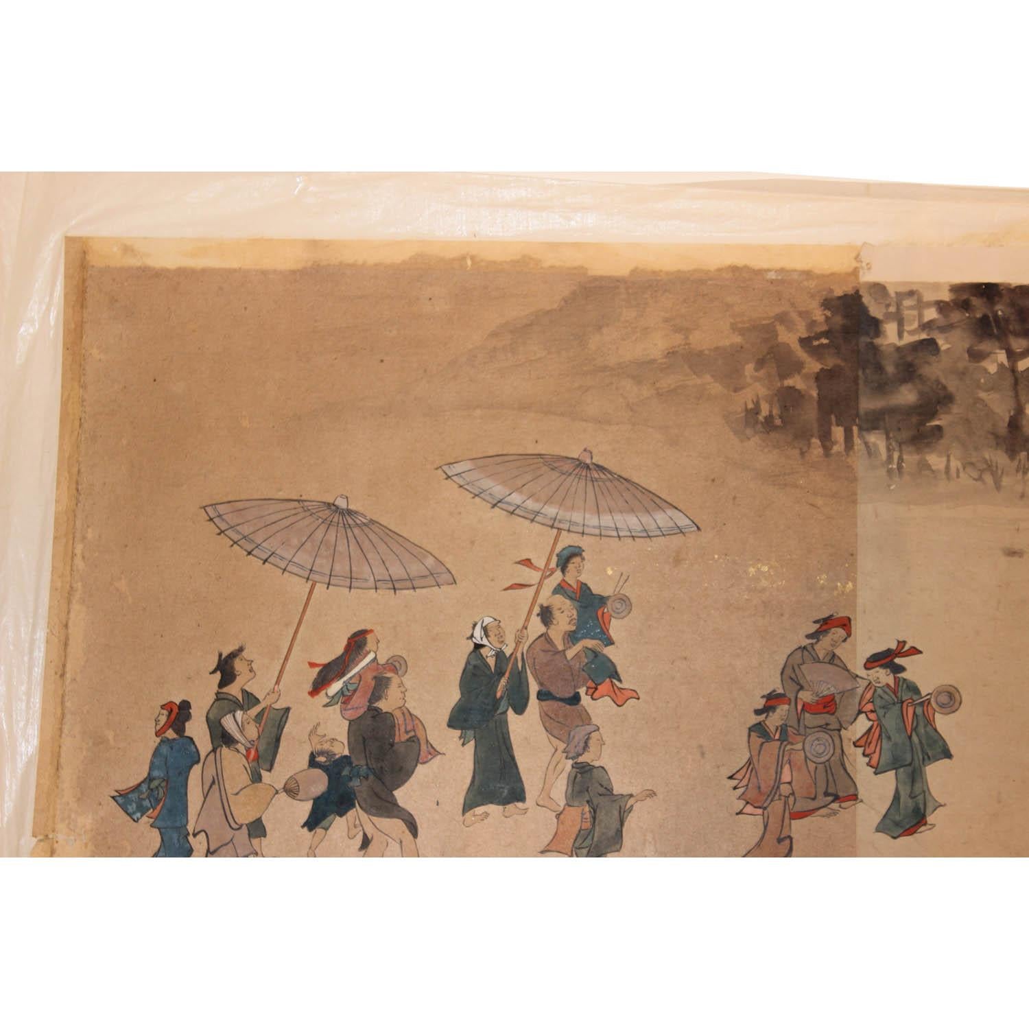 One in a series of hand painted scroll paintings recording a local harvest festival. This scroll panel depicts villagers running to greet dignitaries to their town festival. Edo period. The painted panel measures 14 x 22. Mounted on paper for
