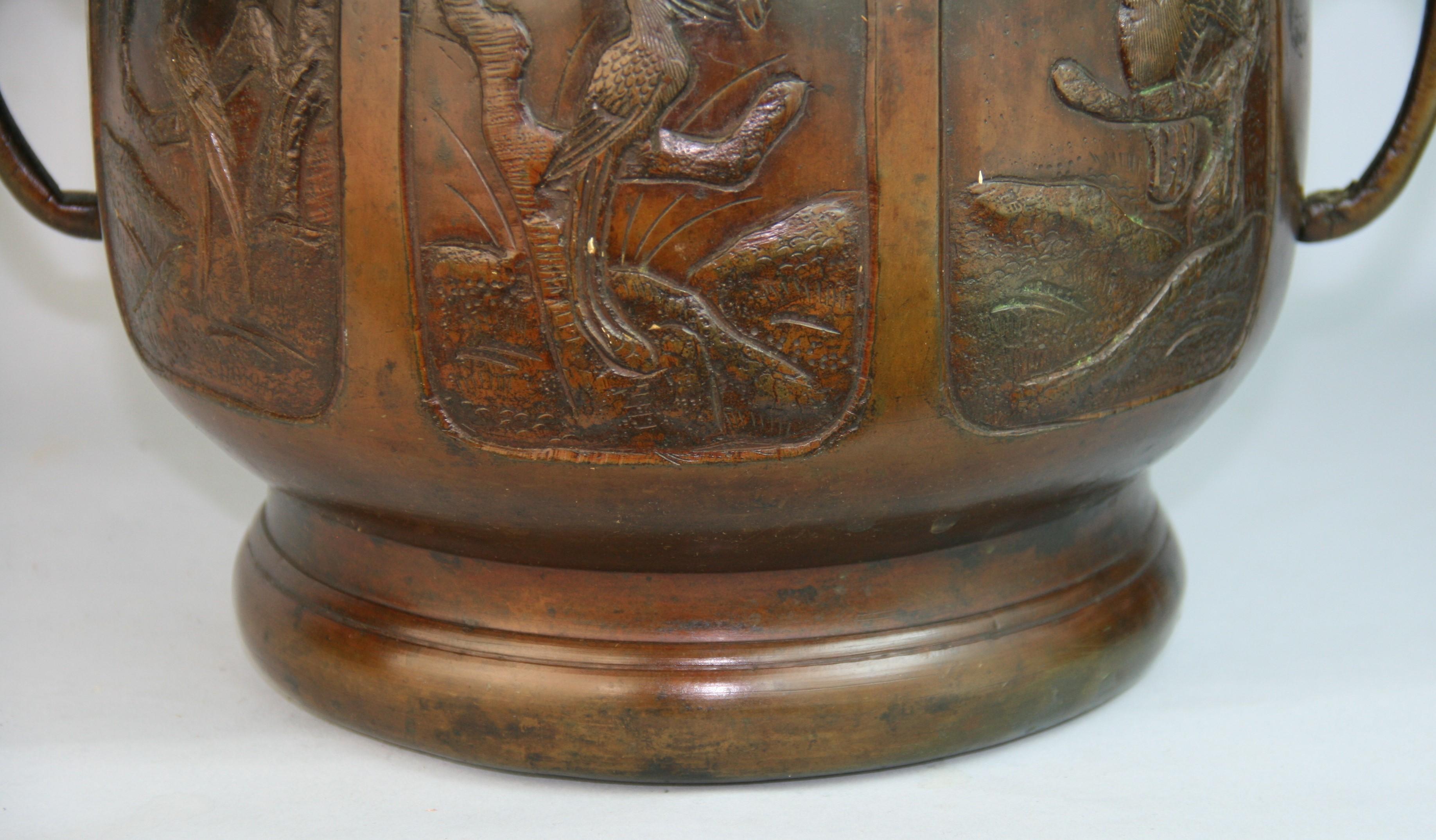 Japanese Embossed Six Panel Bronze Planter /Urn For Sale 9