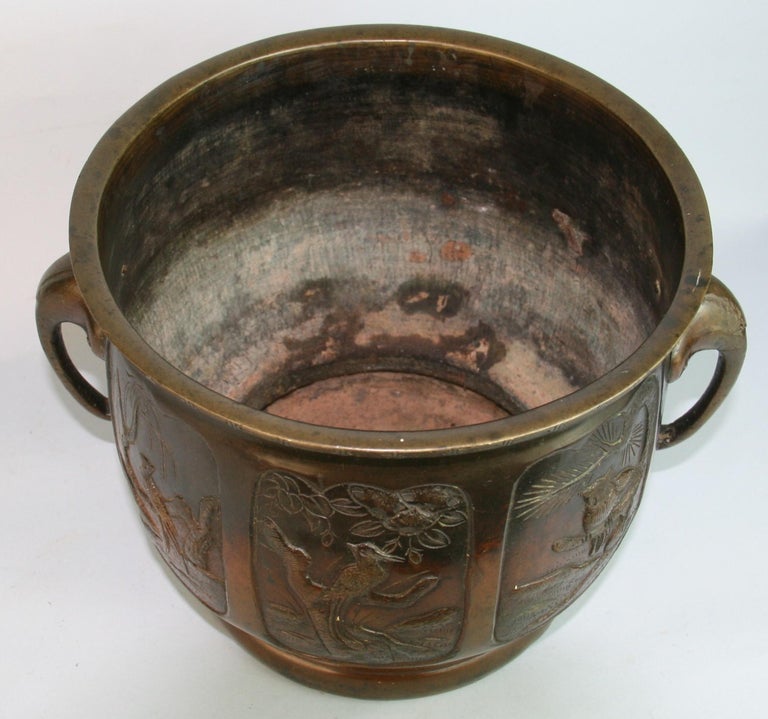 Japanese Embossed Six Panel Bronze Planter /Urn For Sale at 1stDibs